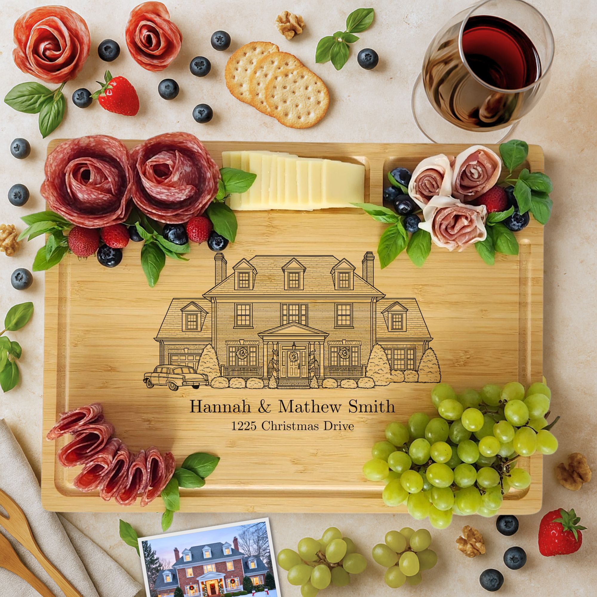 Custom Home Portrait Engraved Bamboo Charcuterie Board Personalized Housewarming or Closing Gift