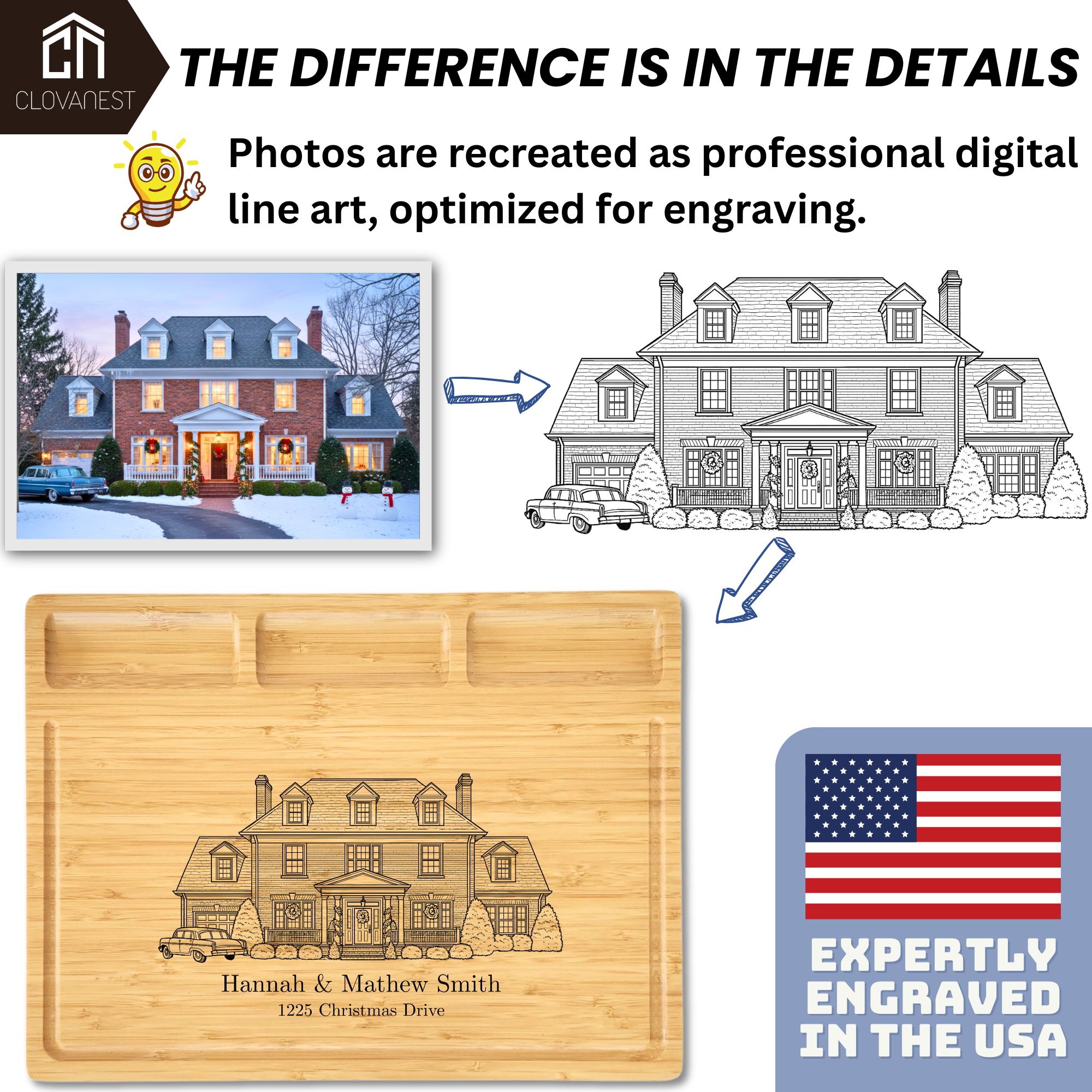 Custom Home Portrait Engraved Bamboo Charcuterie Board Personalized Housewarming or Closing Gift