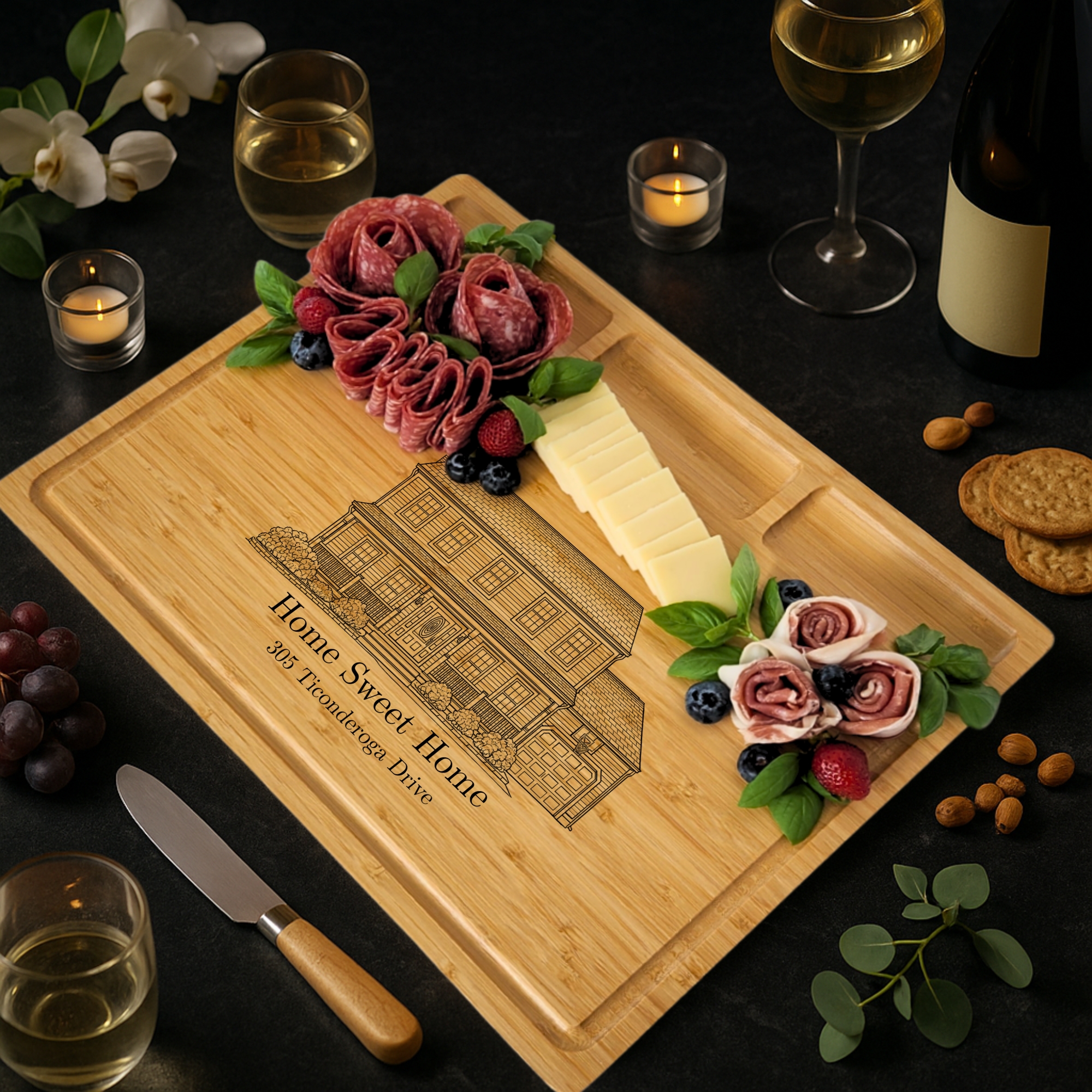Custom Home Portrait Engraved Bamboo Charcuterie Board Personalized Housewarming or Closing Gift
