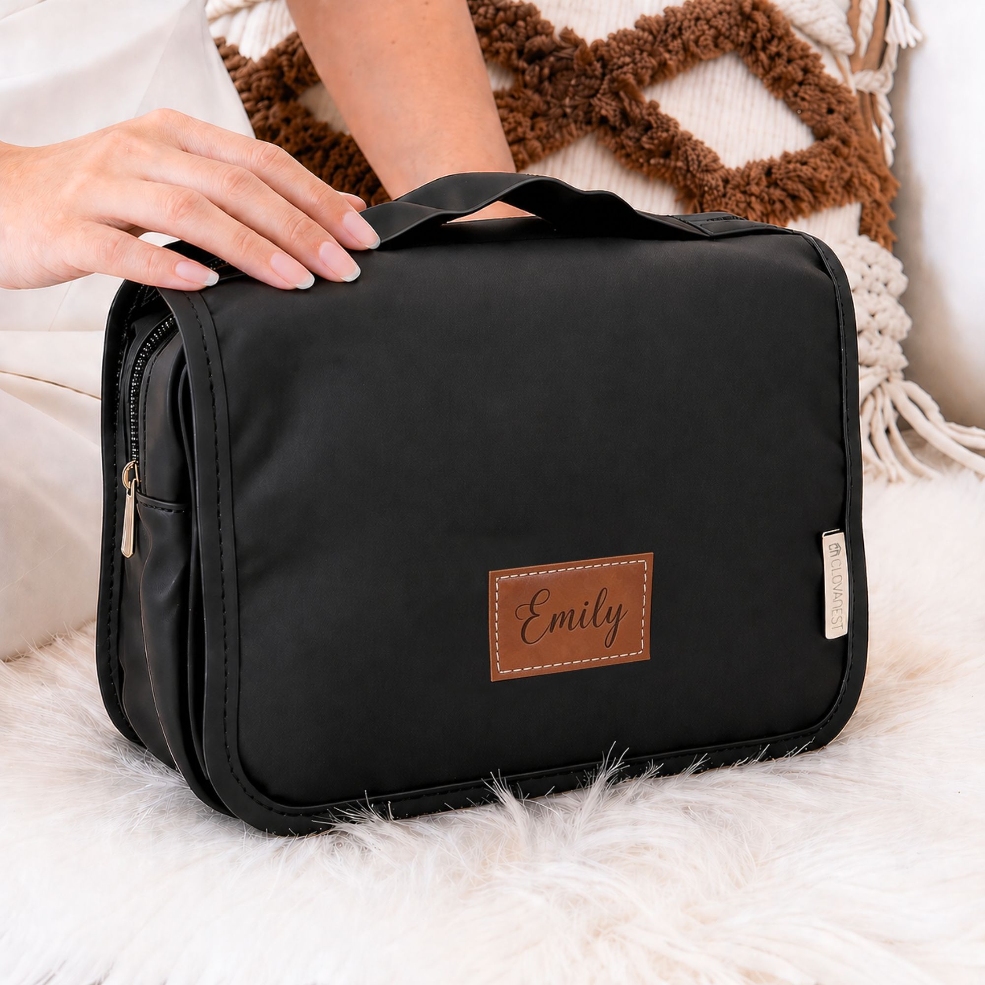 Custom Travel Toiletry Bag for Women, Personalized Vegan Leather Makeup Bag with Hanging Hook