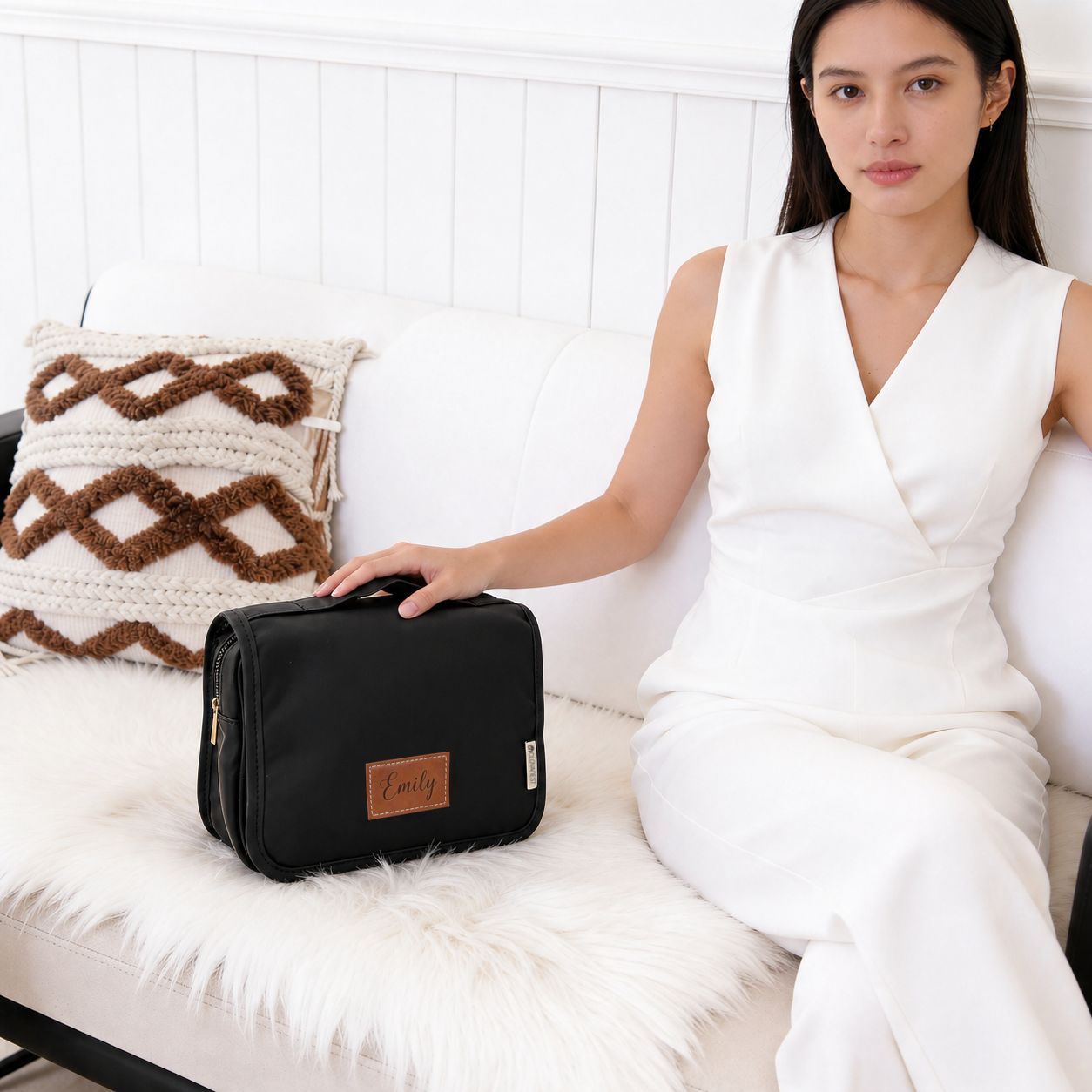 Custom Travel Toiletry Bag for Women, Personalized Vegan Leather Makeup Bag with Hanging Hook