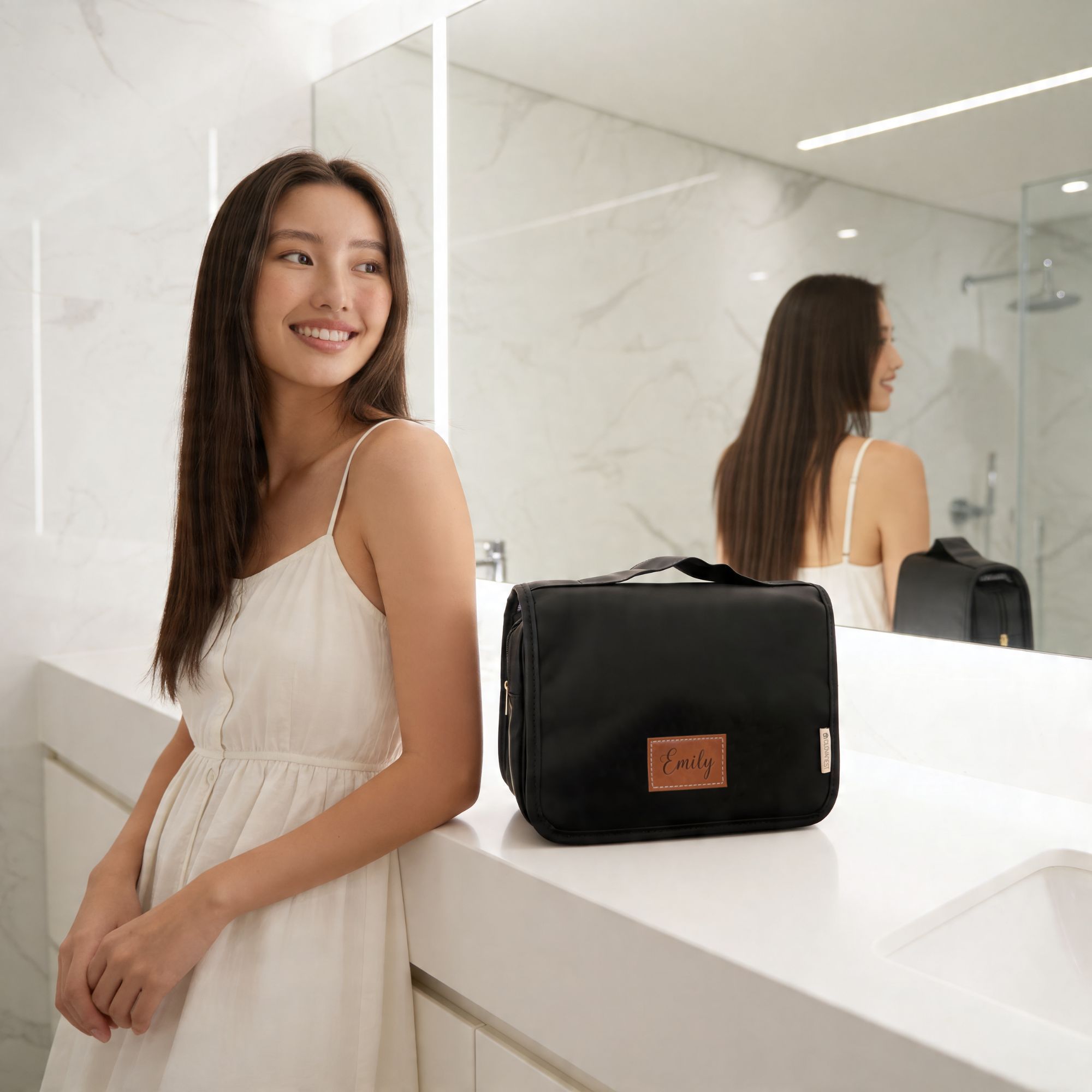 Custom Travel Toiletry Bag for Women, Personalized Vegan Leather Makeup Bag with Hanging Hook
