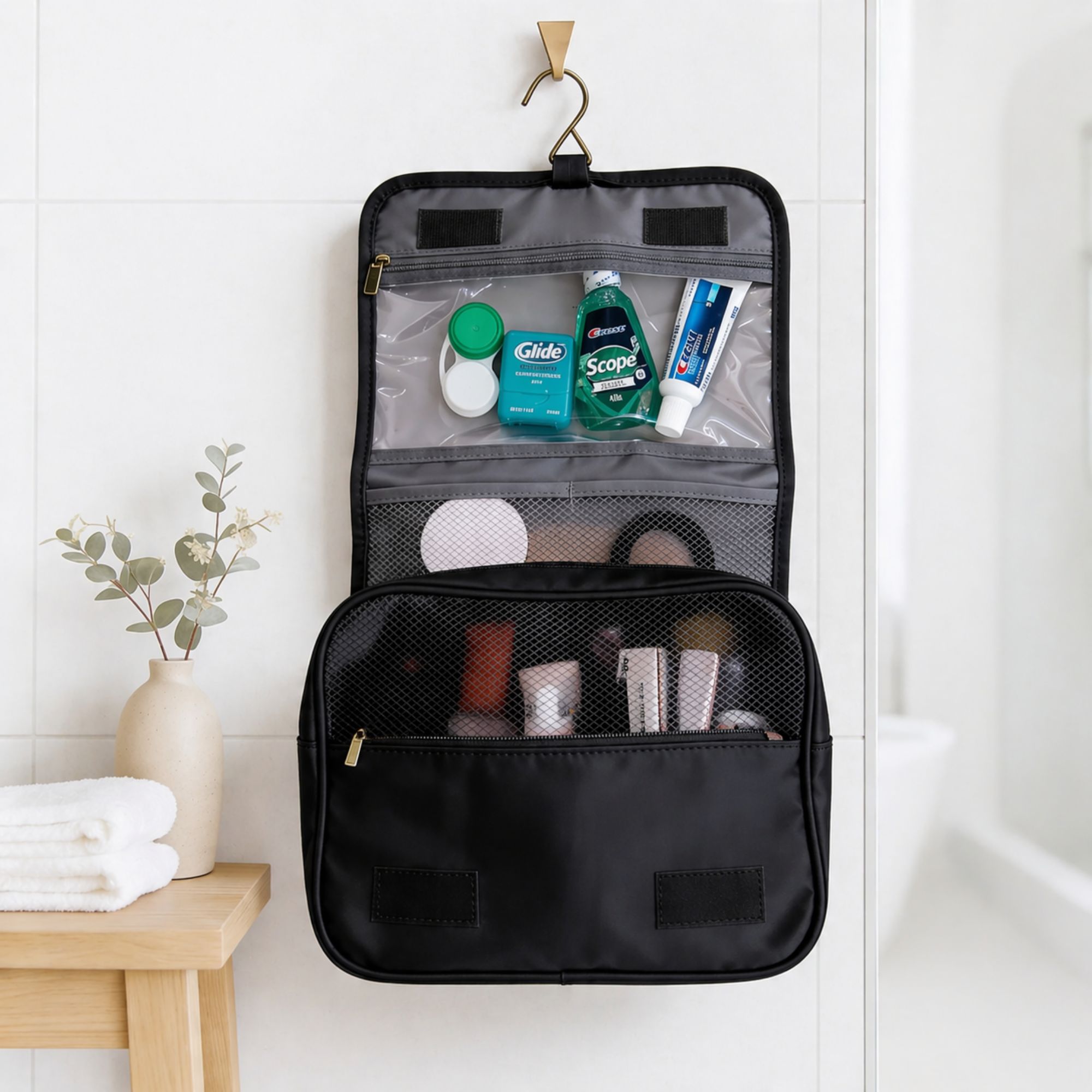 Custom Travel Toiletry Bag for Women, Personalized Vegan Leather Makeup Bag with Hanging Hook