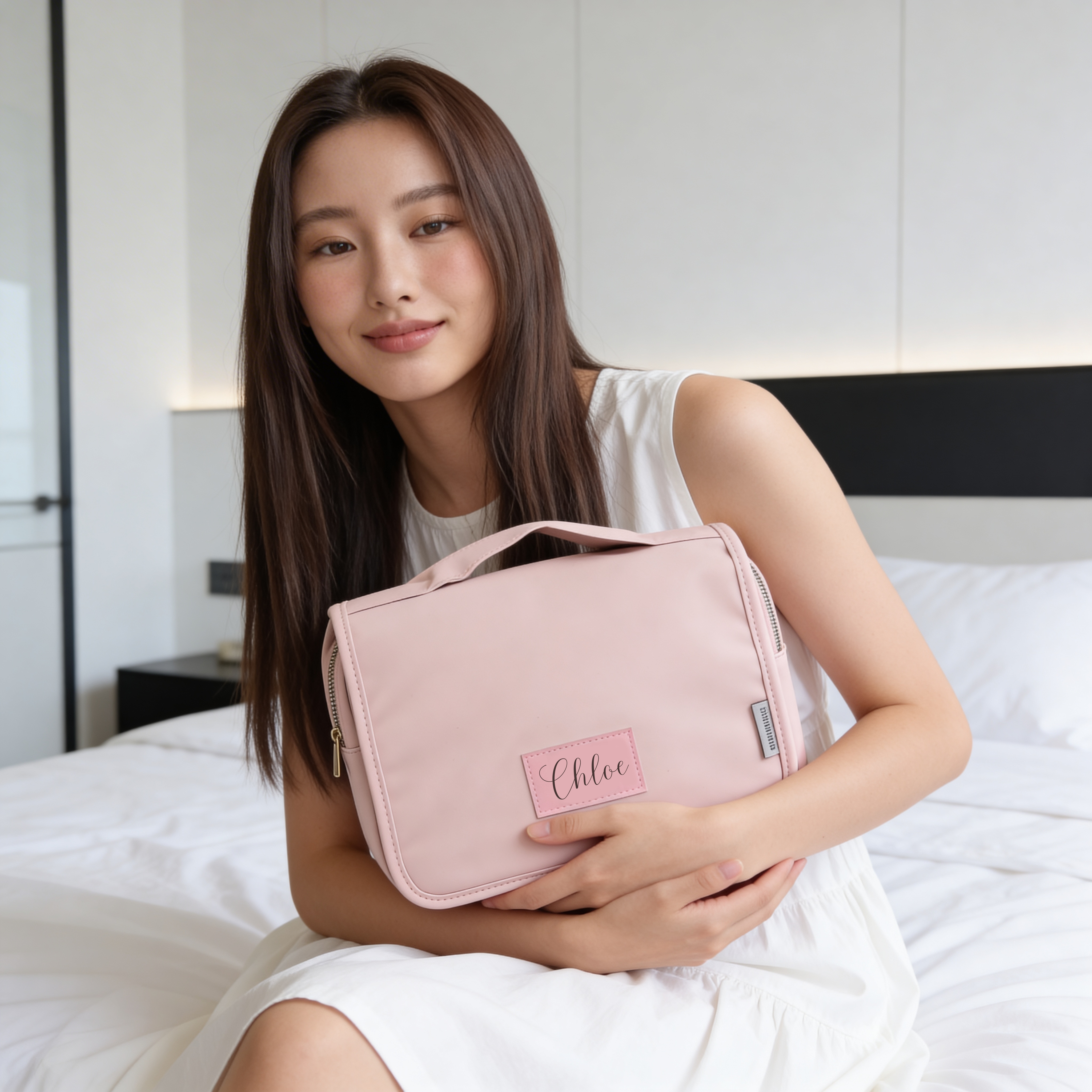 Custom Travel Toiletry Bag for Women, Personalized Vegan Leather Makeup Bag with Hanging Hook