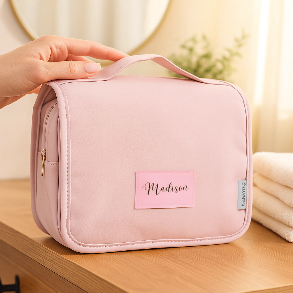 Custom Travel Toiletry Bag for Women, Personalized Vegan Leather Makeup Bag with Hanging Hook
