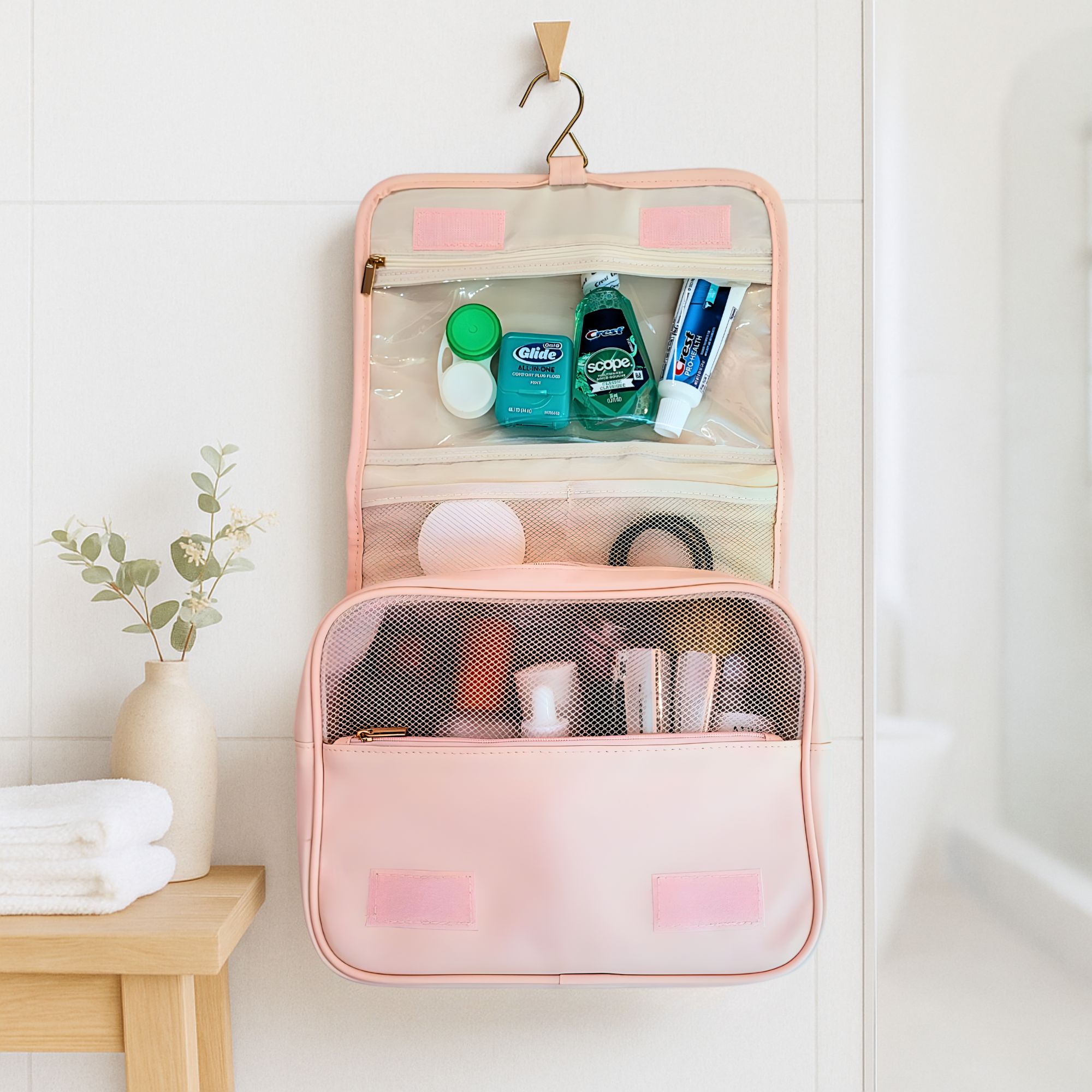 Custom Travel Toiletry Bag for Women, Personalized Vegan Leather Makeup Bag with Hanging Hook