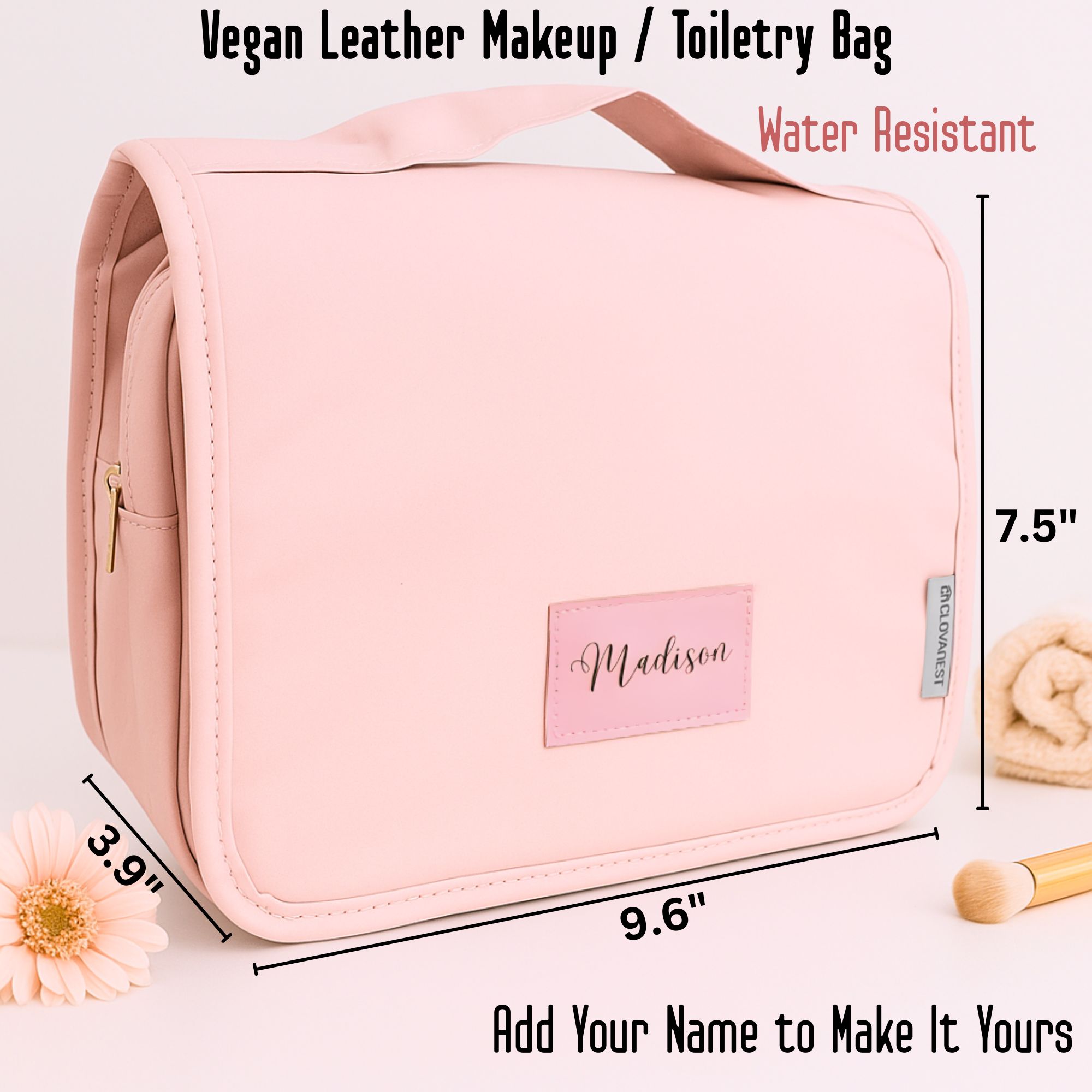Custom Travel Toiletry Bag for Women, Personalized Vegan Leather Makeup Bag with Hanging Hook