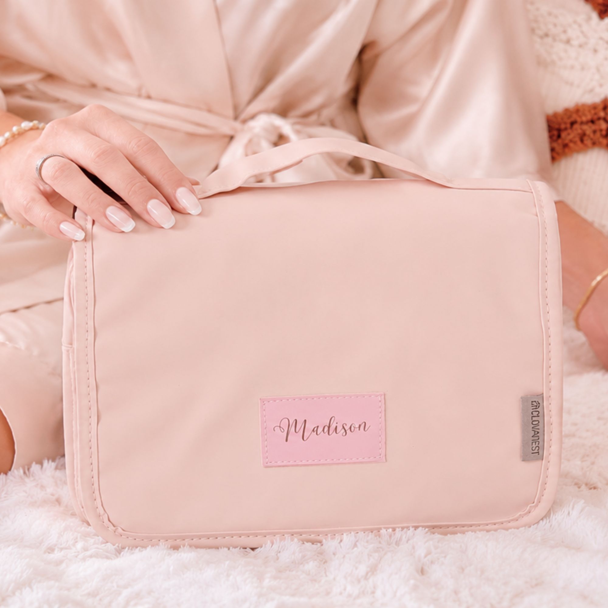 Custom Travel Toiletry Bag for Women, Personalized Vegan Leather Makeup Bag with Hanging Hook