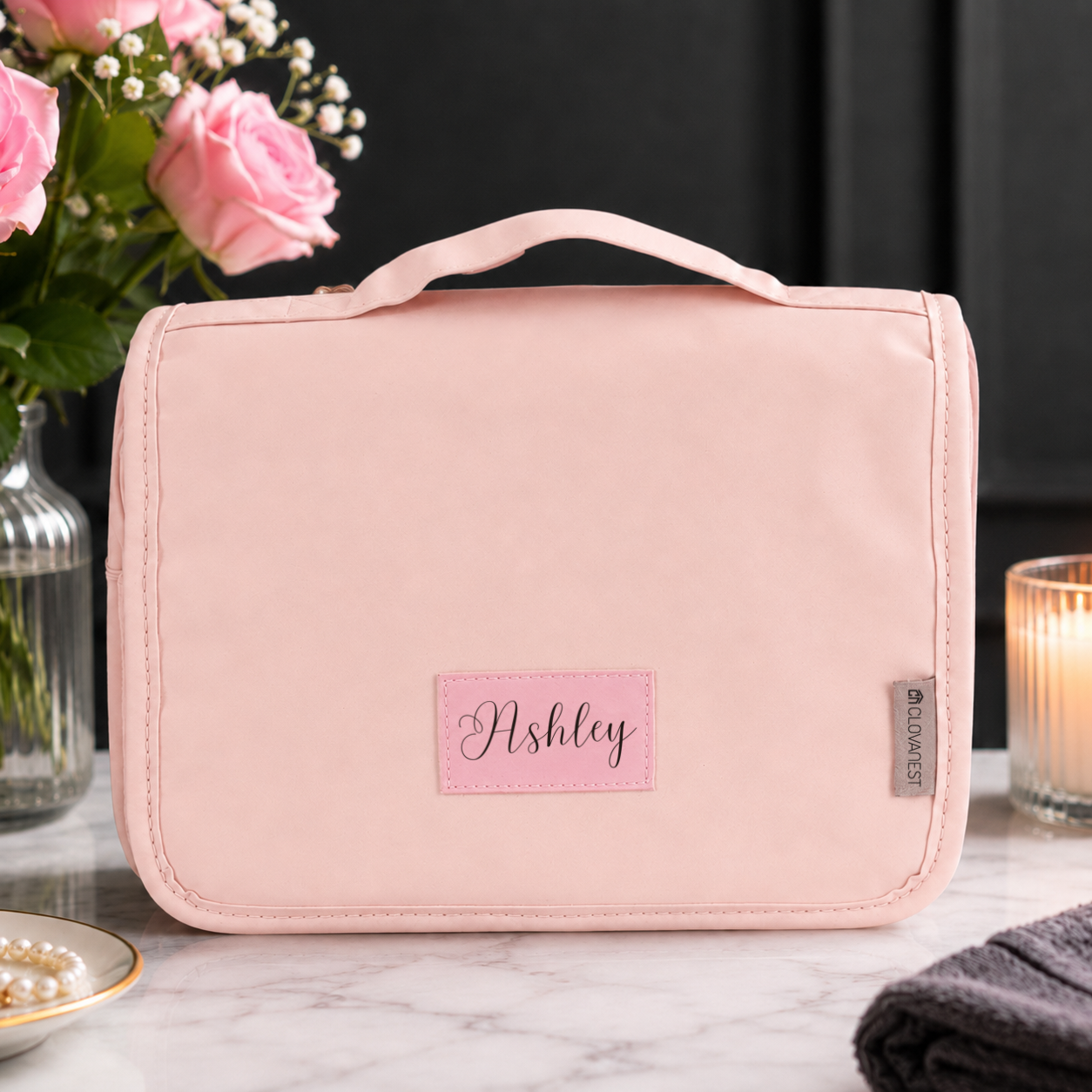 Custom Travel Toiletry Bag for Women, Personalized Vegan Leather Makeup Bag with Hanging Hook
