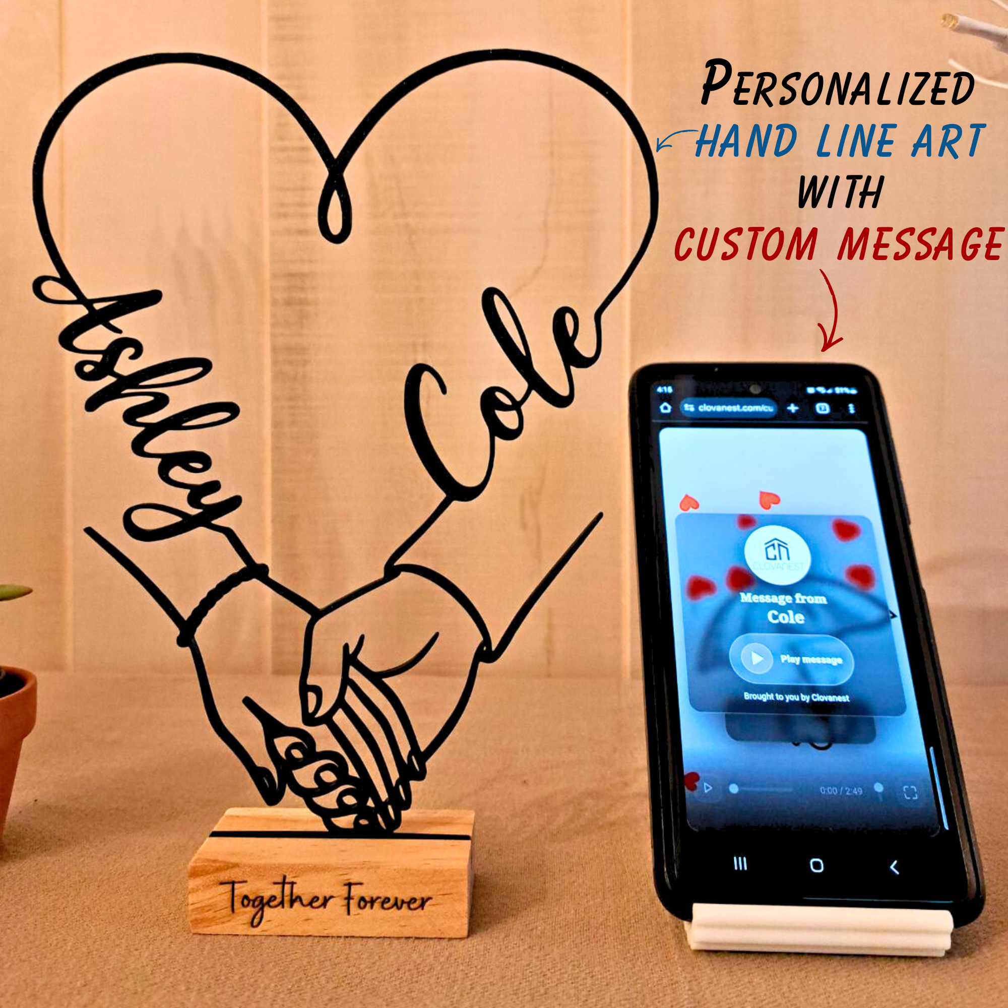 Personalized Hand Holding Line Art Decor, Custom 3D printed Couple Keepsake with Names, Wedding, Engagement & Anniversary, Valentines Gift